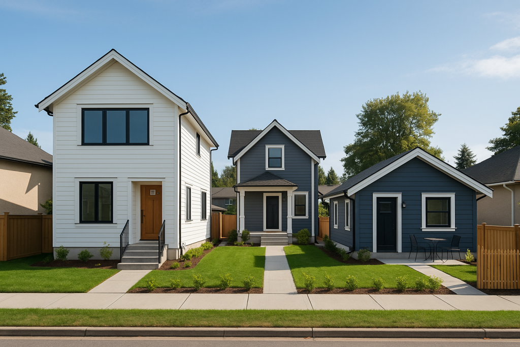 Redeveloped single-family lot in BC featuring three diverse housing styles, including a modern two-storey home, a traditional house, and a laneway unit.